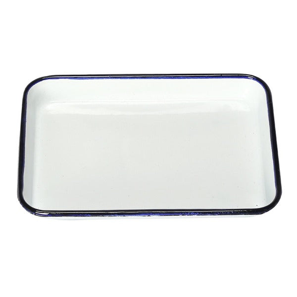 Enamel Rectangular Baking Tray White with Blue Rim