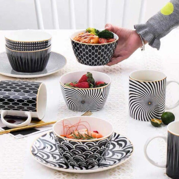 black and white geometric ceramic bowls