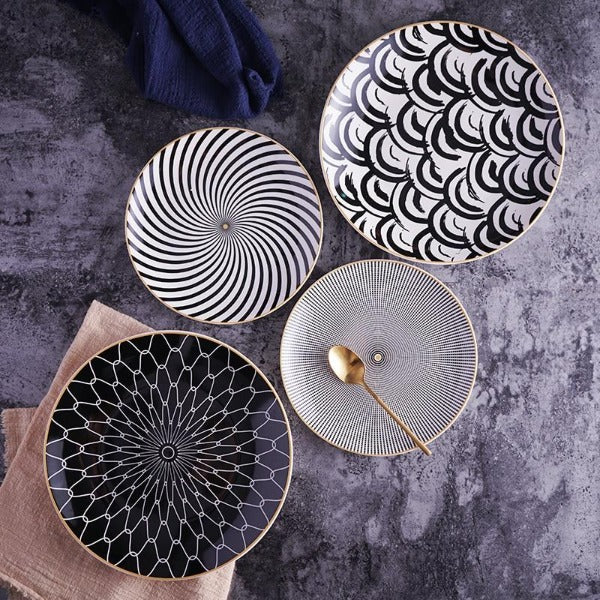 black and white geometric ceramic plates